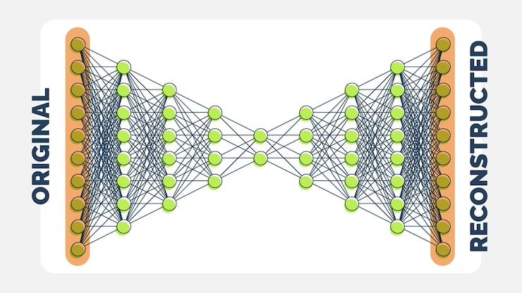Vector exploring hidden data patterns with autoencoder neural network diagram