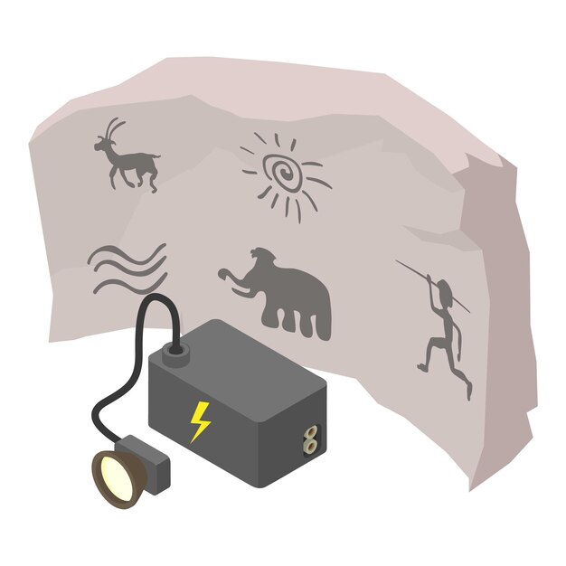 Vector exploring petroglyphs icon isometric vector cave rock painting and search light speleological equipment history research