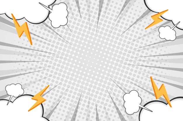 Explosie platte witte komische achtergrond ontwerpsjabloon met wolken, vectorillustratie