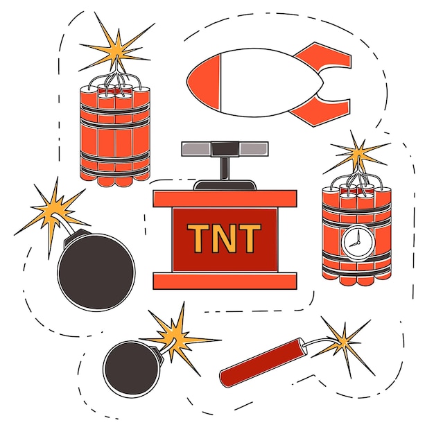 Explosieve retro dynamiet set voor mijnbouw kleurrijke icoon collectie platte vectorillustratie geïsoleerd op een witte achtergrond