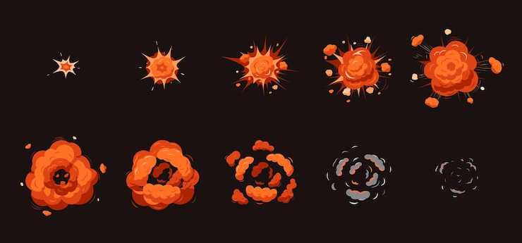 Vector explosion animation cartoon explosions smoke disappear atomic blast frames danger bang effect comic bomb boom recent vector step by step illustration