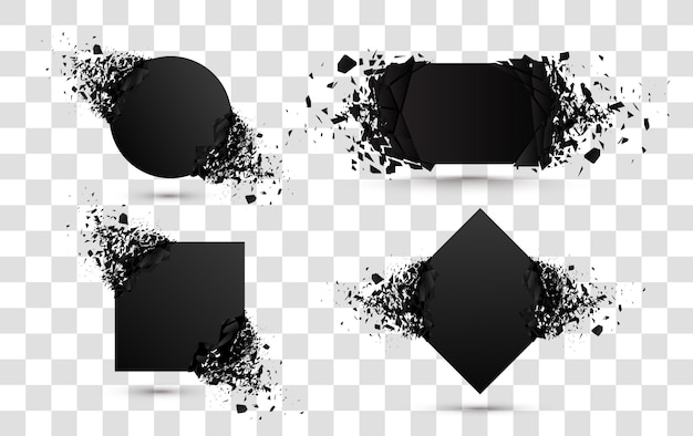 Vector explosion banners. square and circle destruction shapes with debris isolated on white