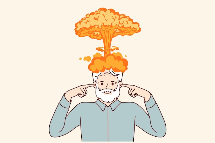 Vector explosion of brain in elderly man who has experienced severe strain on intellect and covers ears