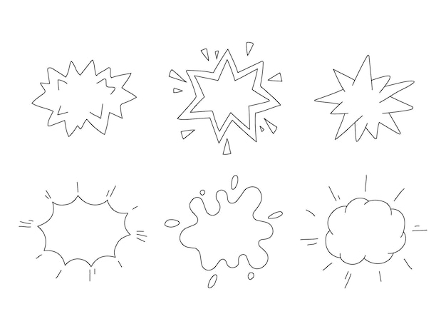 Explosion of cloud splash blot sketch line set. Hand drawn element burst speech bubble