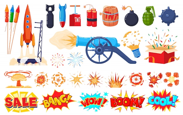폭발 아이콘 흰색, 만화 폭발, 폭탄 및 불꽃 스티커, 그림 설정