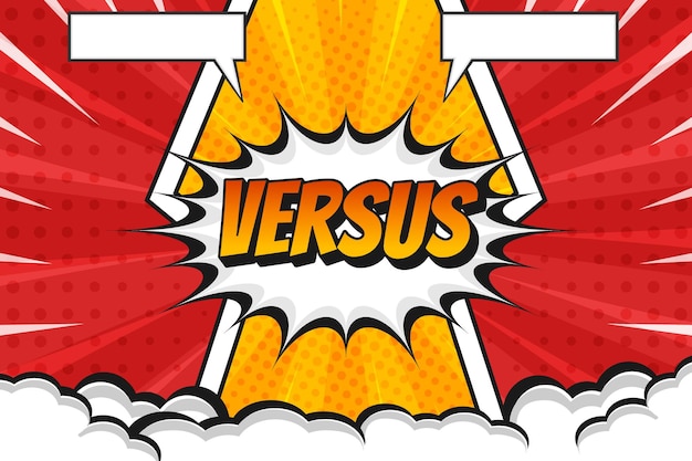 Vector explosion pop art comic duel versus blank background with clouds