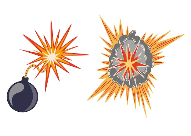 Взрывной набор Мультяшный динамит или взрыв бомбы огонь Бум облака и элемент дыма Опасная взрывная детонация Взрыв атомной бомбы Векторная ручная иллюстрация