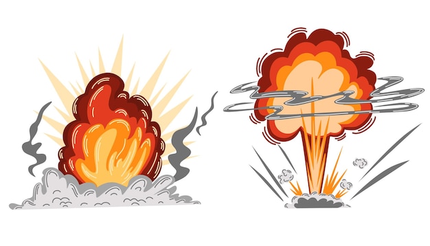 Explosion set Cartoon dynamite or bomb explosion fire Boom clouds and smoke element Dangerous explosive detonation Atomic bomb explosion Vector hand draw illustration