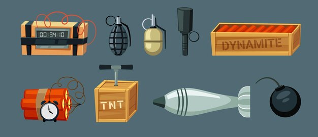 Вектор Взрывчатое оружие набор мультфильмов минималистские предметы коллекция ядерный динамит и взрыв бомбы тнт