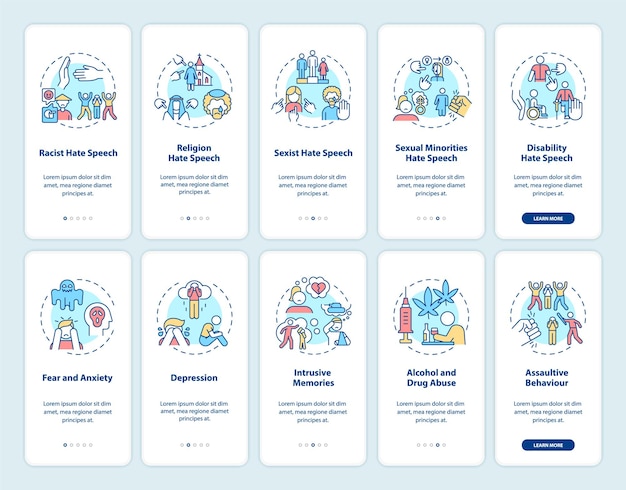 모바일 앱 페이지 화면 세트 온보딩에 대한 증오심 표현에 대한 노출. 심리적 영향은 개념이 포함된 5단계 그래픽 지침을 안내합니다. 선형 컬러 일러스트레이션이 있는 UI, UX, GUI 벡터 템플릿