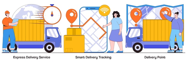 Express delivering online smart tracking courier order delivery point concepts with people characters Parcel shipment services illustration pack Cargo truck location a courier with box metaphor