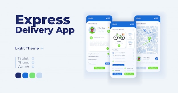 Vector express delivery app cartoon smartphone interface  templates set