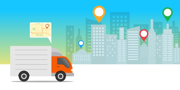 Concetto di consegna espressa. camion di consegna con applicazione mobile di localizzazione.