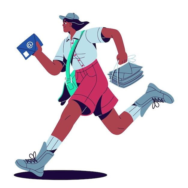 Express delivery concept Postman with mail bag carries postal envelopes letters Mailman running hurries to deliver post newspapers packages Flat isolated vector illustration on white background