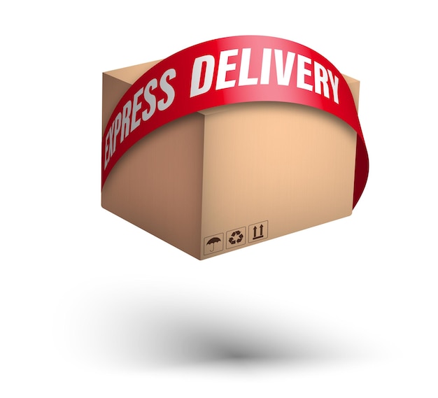Express delivery of goods Cardboard box descends on a red tape like a parachute Fast food and mail delivery Transportation from shops Color vector