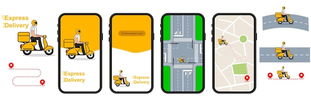 Express Delivery Mockup-set De koerier wordt weergegeven op de kaart die de bestelling op de smartphone aflevert