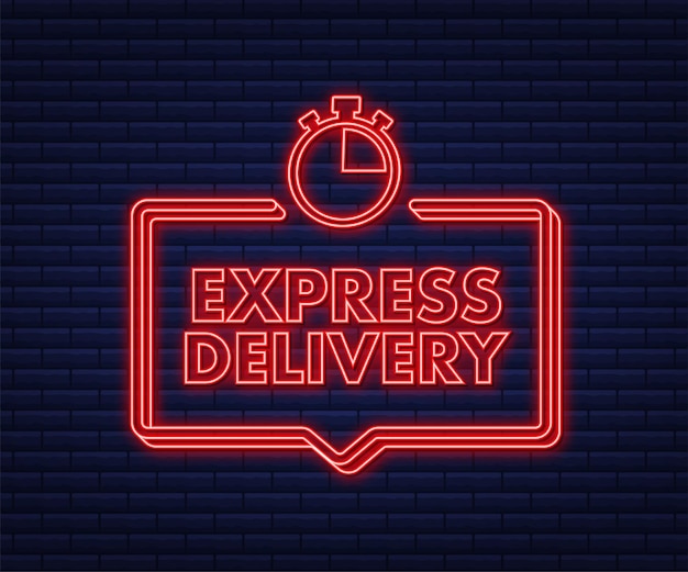 Vector express delivery service neon icon fast time delivery order with stopwatch