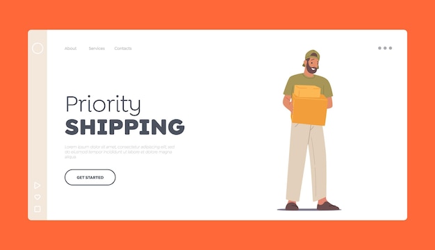 Express delivery service shipping landing page template worker with goods courier character wear uniform carry boxes