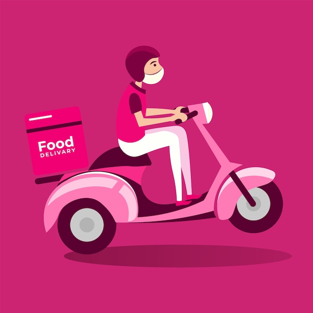 Express delivery social media post, pink scooter, online delivery service, home delivery with mask