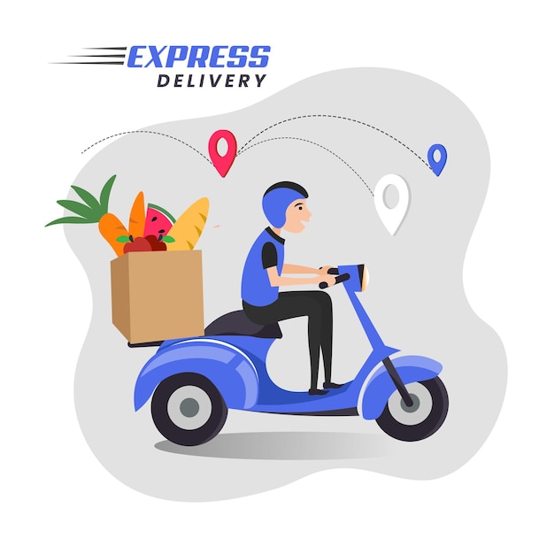 Consegna express post sui social media, consegna scooter, servizio di consegna online, annunci di consegna a domicilio