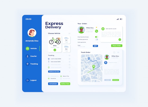 express delivery tablet interface template. mobile app page light mode design layout. customer order menu screen. flat ui for application. description and route on portable device display