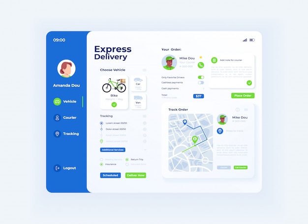 Vector express delivery tablet interface template. mobile app page light mode design layout. customer order menu screen. flat ui for application. description and route on portable device display