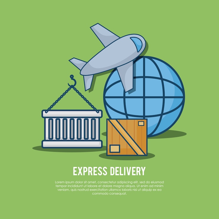 Vector express delivery with airplane and global sphere icon over green background