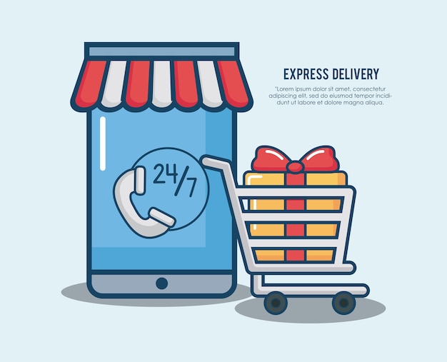 Экспресс-доставка с помощью смартфона и значок корзины покупок на белом фоне