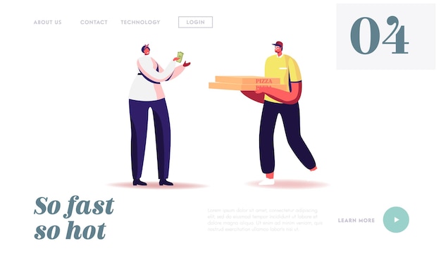 Express food delivery landing page template. courier character deliver pizza to consumer. shopping, online order internet technology, pizzeria cafe shipping service. cartoon people vector illustration