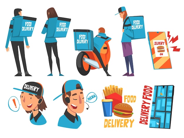 Express Food Delivery Service Set Online bestellen Koeriers in blauwe uniformen met rugzakdozen Cartoon Style Vector Illustratie