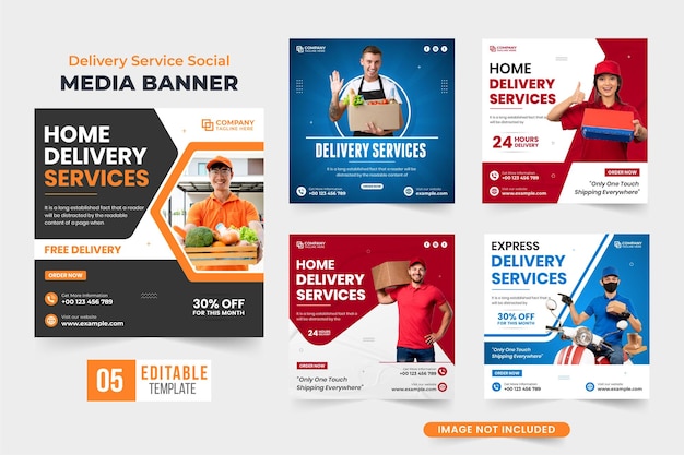 Express home delivery service social media post bundle with blue and red colors Home delivery service web banner collection for business promotion Set of supermarket free delivery offer template