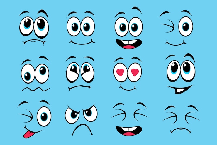 Vector expressieve ogen en mond lachend huilen verrast karakter gezichtsuitdrukkingen vector illustrator