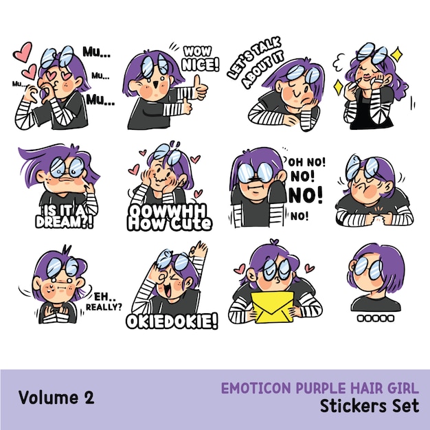 Expressieve Purple Haired Girl Sticker Asset Set