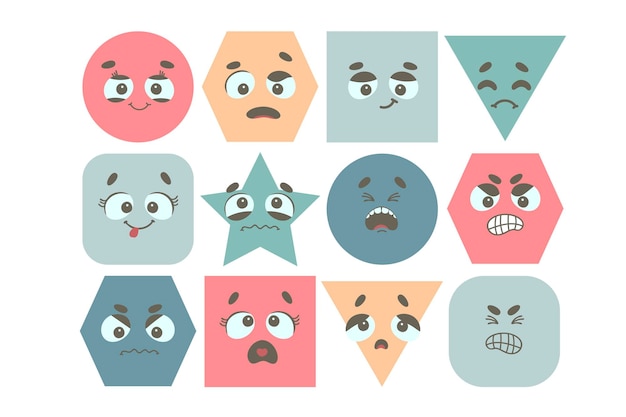 Vector expressive eyes and mouth smiling crying surprised character abstract emoticons set comic faces various emotions flat design emoji faces emoticon smile feelings chat messenger cartoon emotes