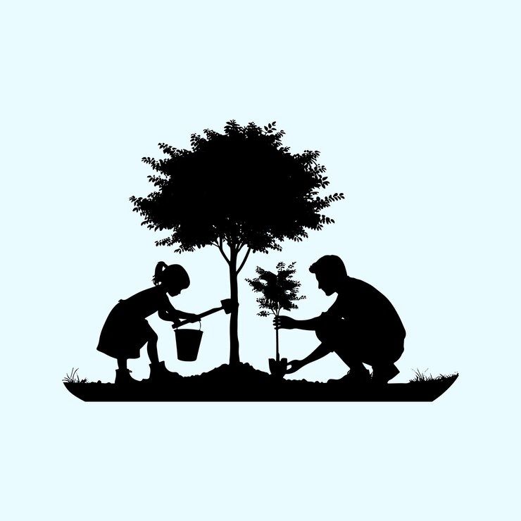 Vector expressive family planting a tree silhouette vector with focus on togetherness
