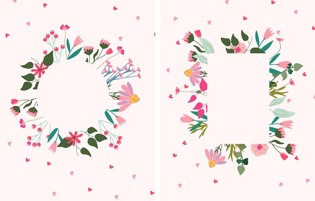 Exquise bloemenframes met bloemen, bladeren en hart Vector