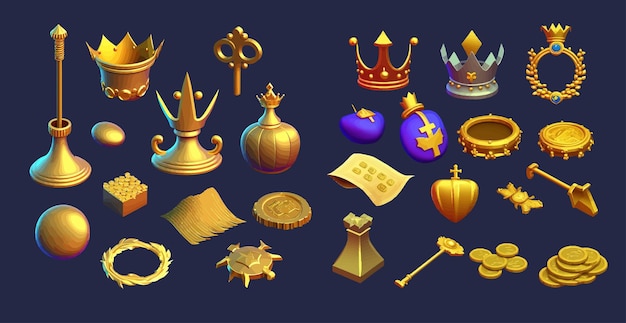 Exquisite Collection of Royal Treasures Golden Crowns Jewels and Regal Artifacts