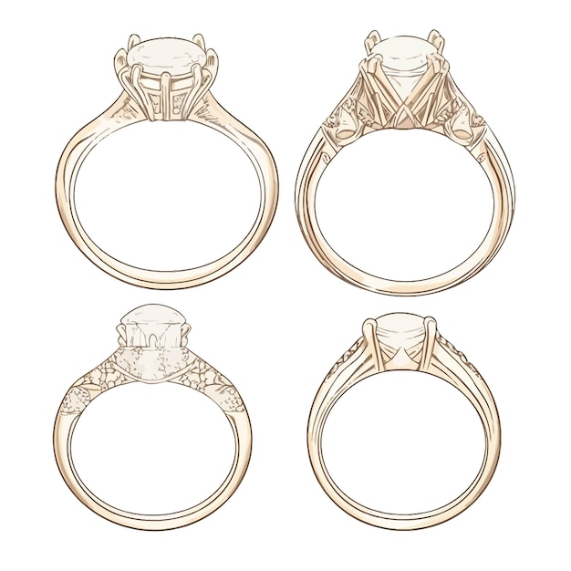 Exquisite Sketch Style Solitaire Rings in Monochrome illustration