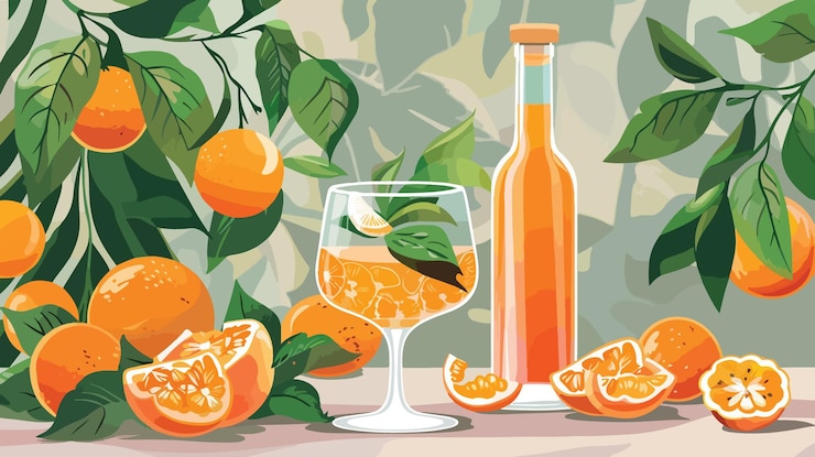 Vector exquisite tangerine liqueur with fresh fruits on grey background