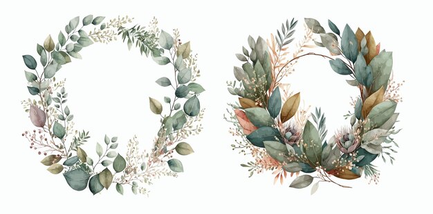 Vector exquisite watercolor floral wreaths with vibrant greenery and delicate blooms ideal for invitations greetings and wall art