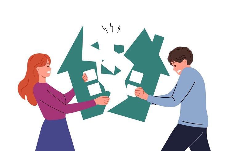 Vector exspouses divide property during divorce breaking house in half and destroying acquired capital