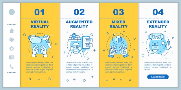 Extended reality onboarding mobile web pages vector template Virtual mixed augmented realities Responsive smartphone website interface idea Webpage walkthrough step screens Color concept