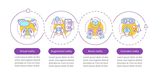 Инфографический шаблон вектора расширенной реальности Виртуальная смешанная дополненная реальность Визуализация данных с четырьмя шагами и опцией Диаграмма временной шкалы процесса Схема рабочего процесса со значками