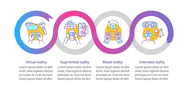 Vector extended reality vector infographic template virtual mixed augmented realities data visualization with four steps and option process timeline chart workflow layout with icons