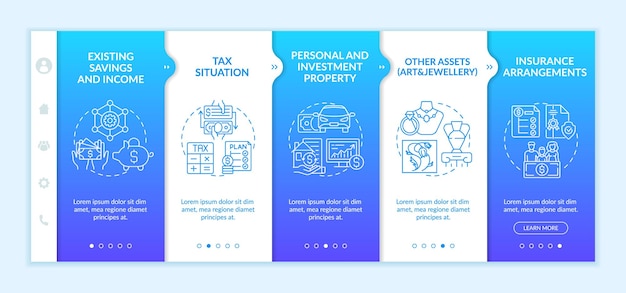 Extensive wealth plan elements onboarding vector template. responsive mobile website with icons. web page walkthrough 5 step screens. existing savings, income color concept with linear illustrations