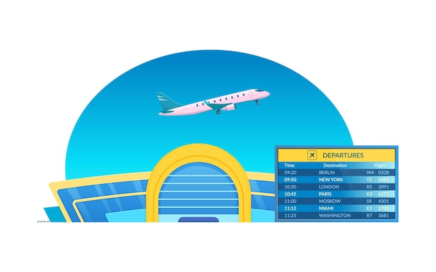 공항 건물 대기실 외부 항공기 이착륙 항공기 비행 기록이 포함된 테이블 비행 도착 일정 점수판 관광 항공 여행 벡터 그림