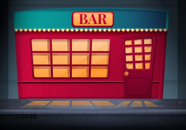 Exterior of the red bar standing at night on the street, illustration