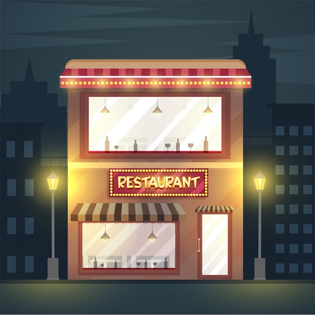 exterior view of a restaurant, urban city background.