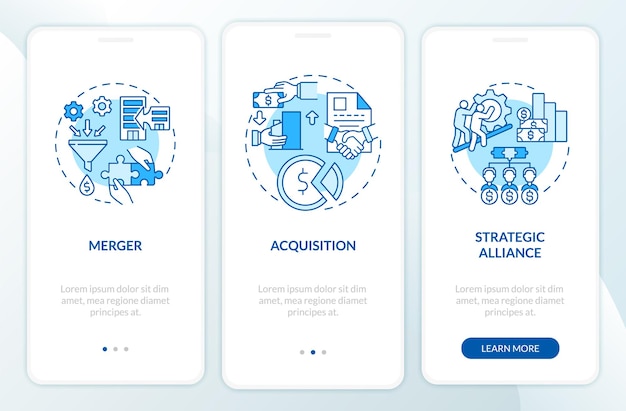 Schermata della pagina dell'app mobile onboarding di espansione esterna blu. procedura dettagliata di sviluppo aziendale 3 passaggi istruzioni grafiche con concetti. modello vettoriale ui, ux, gui con illustrazioni a colori lineari