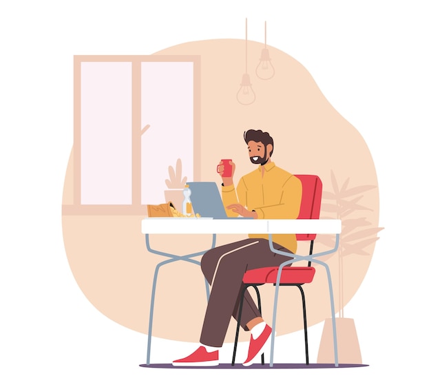 Vector externe freelance werkconcept man freelancer zittend in comfortabele fauteuil werken op afstand op laptop met koffie